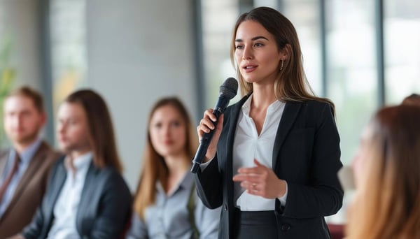 A business woman giving a speech with a microphone to a group