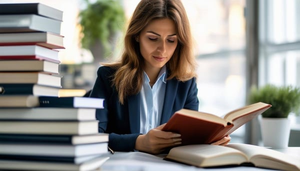 A business woman reading a book with a stack of books on her desk