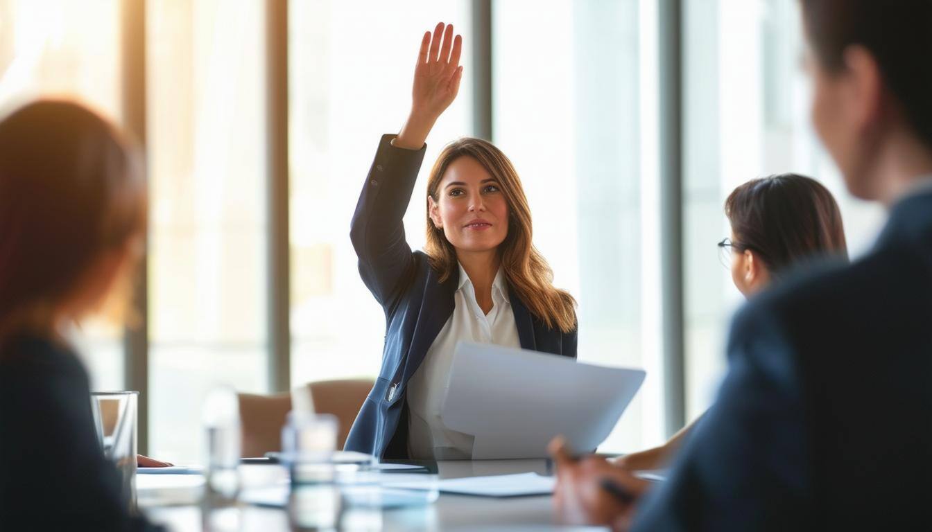 A business women raising her hand in a meeting