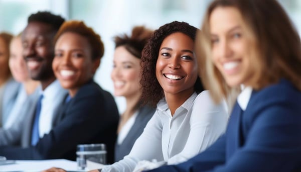 A happy and diverse group of business people sitting in a meeting