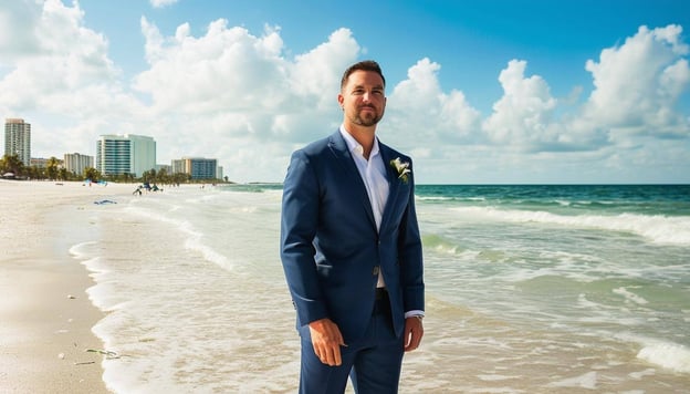 A man standing on a beach in tampa florida with a suit