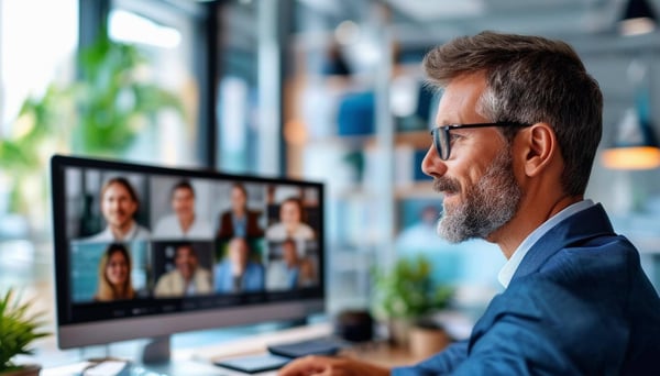 A positive businessman looking at a Zoom meeting on his computer