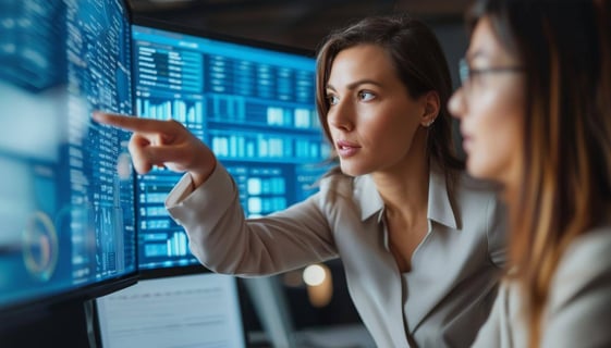 Business woman pointing out data on a screen to a colleague