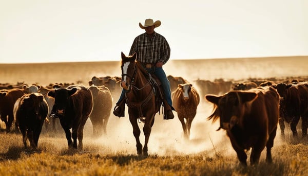 Cowboy On Horseback Herding Cattle