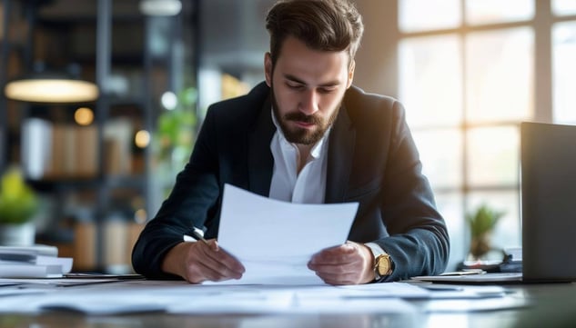 Entrepreneur studying a sheet of paper at an office desk