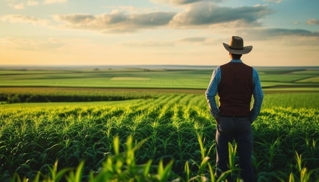 Investor looking out on farmland