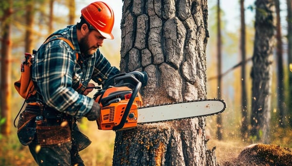 Lumberjack with Chainsaw Cutting Down A Tree