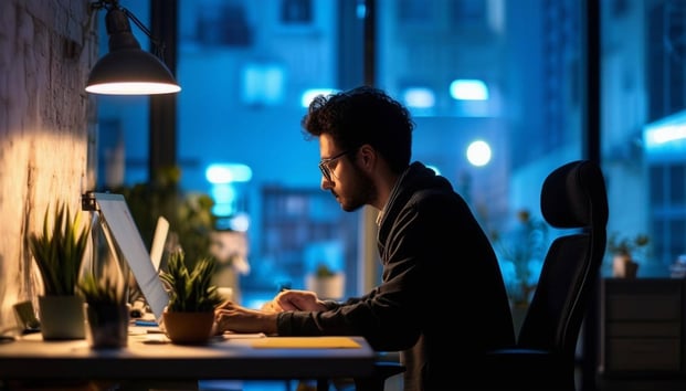 Person hard at work at an office desk at night-1