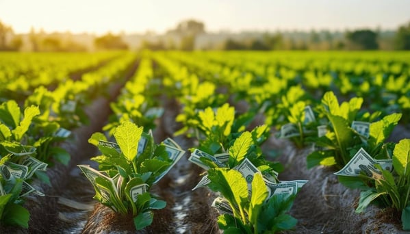 Rows of money growing on plants on a farm