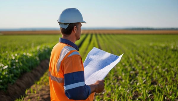 Surveyor Holding Plans Standing in Raw Farmland