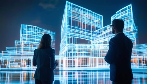 Two investors looking at a digital projection of a building