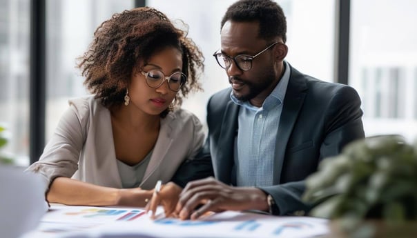 a diverse business woman and a diverse business man collaborating on a report