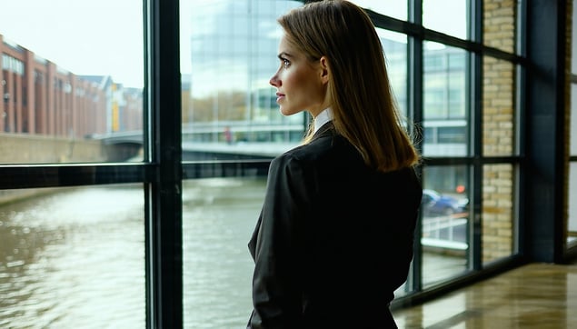 a female investor looking at the inside of an office building with a window looking out on a canal