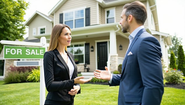 a real estate agent talking to a business person in front of a house with a For Sale sign in front of it-Mar-25-2025-03-17-20-1731-PM