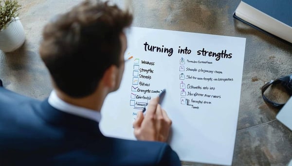 aerial view of a business man looking at a chart showing a list of weaknesses turning into strengths