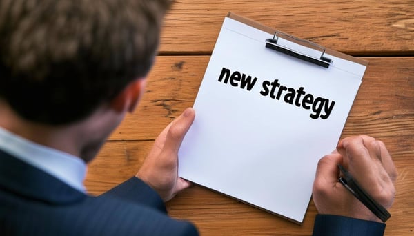 aerial view of a business man looking at a notepad that says new strategy