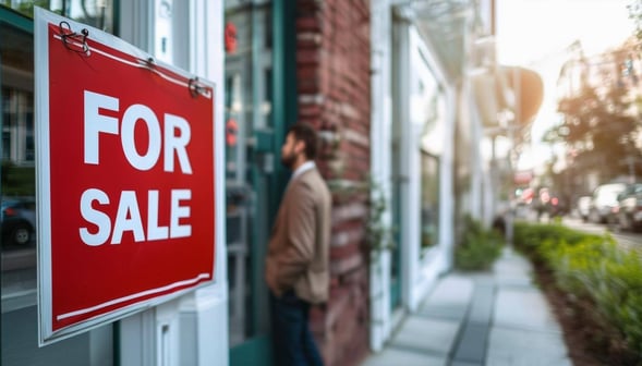 an investor looking at a building with a For Sale sign on it