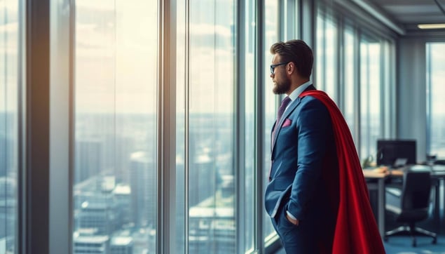 business man who is a superhero looking out of a window in an office