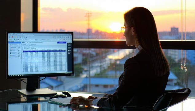 business woman looking at a report on a screen in front of an office window with a view of the sunset-1