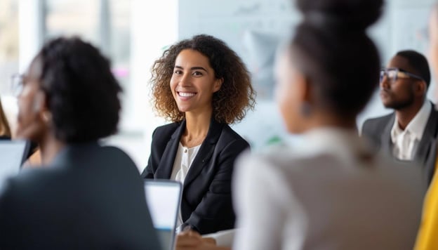 diverse group of investors watching a female investor give a slideshow presentation