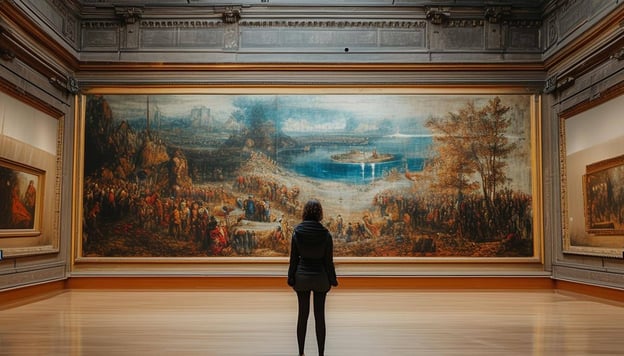 person looking at a giant painting in a museum