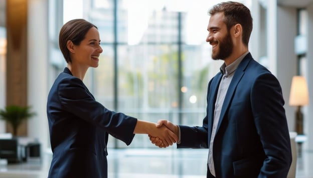 two happy investors shaking hands in a nice lobby