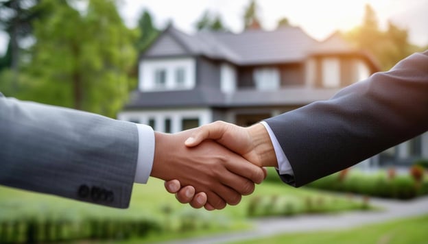 two investors shaking hands in front of a house